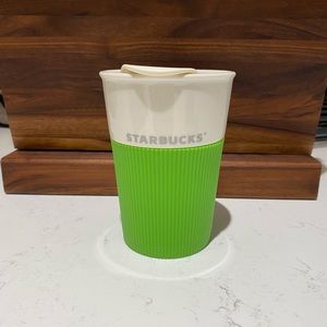 Starbucks 2012 Bone China 8 oz Tumbler with Ribbed Lime Green Silicone Grip